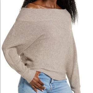 DREAMERS By Debut Off Shoulder Sweater. L. Tan/Brown